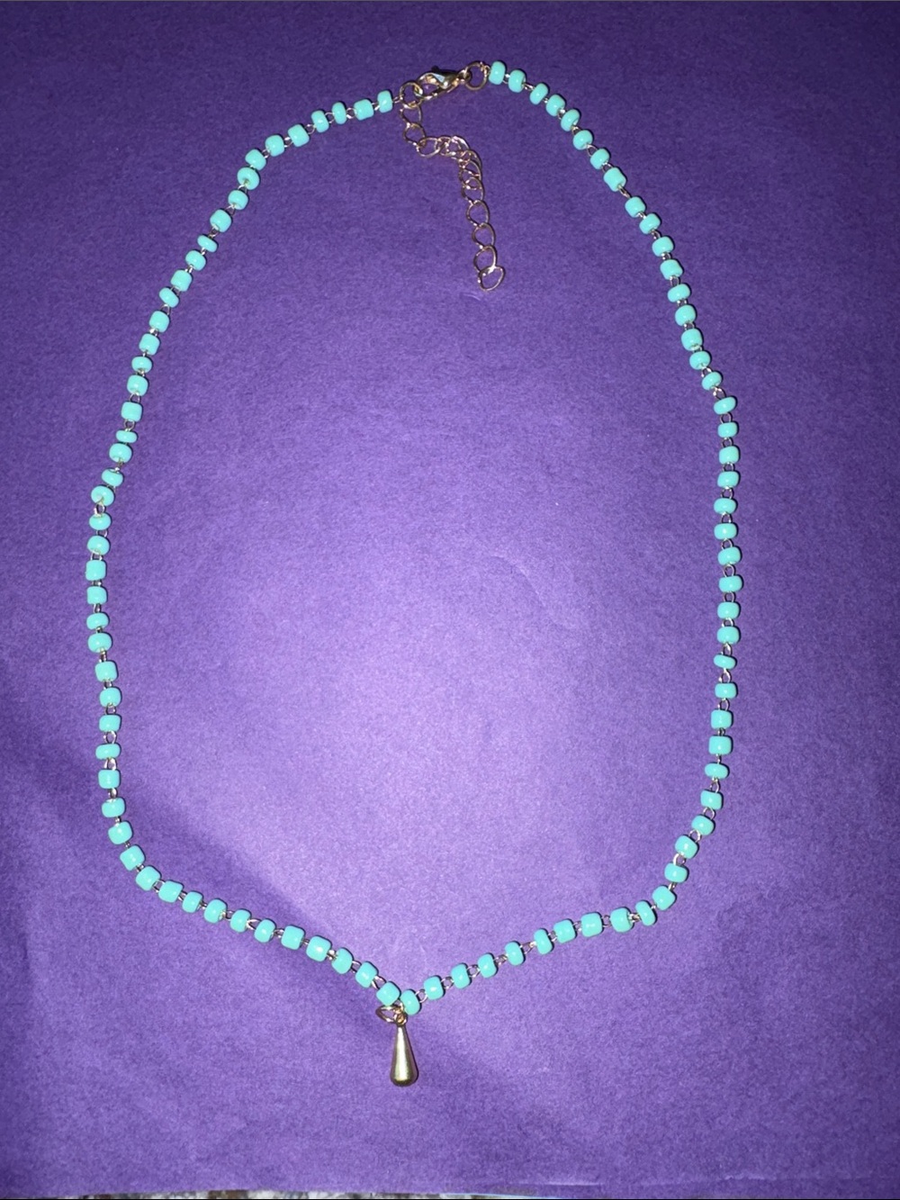 Turquoise Beaded Necklace with Gold Teardrop Pendant - Women Jewelry